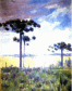Cajurú (1930) 
<br/>
<br/>
Coleção particular
<br/>
Numa imagem de campo vemos três pinheiros imponentes que se projetam para o céu azul encoberto por nuvens em matizes de branco e lilás. 