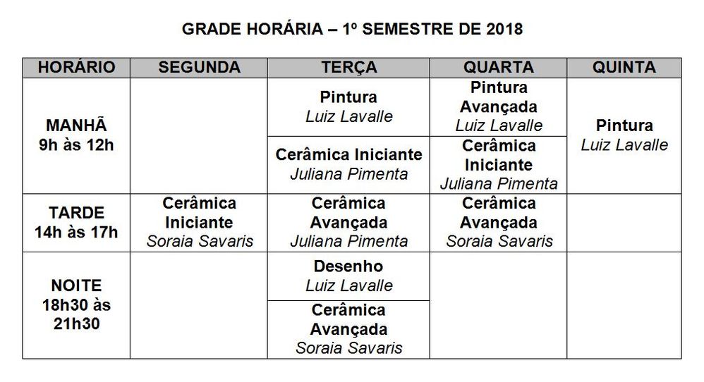 Grade horária 1º semestre 2018